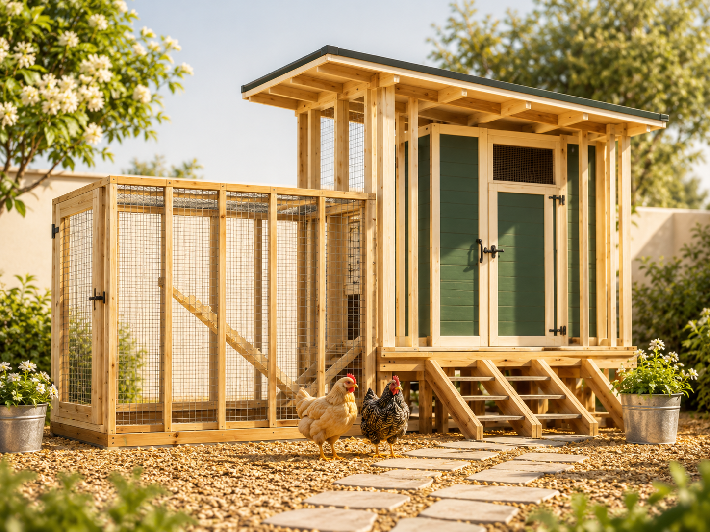 Finished 4×8 chicken coop with attached run in a bright backyard garden